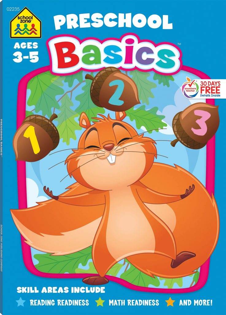 Preschool Basics by School Zone Ages 3-5 workbook cover with squirrel juggling the numbers 1, 2 and 3 on acorns