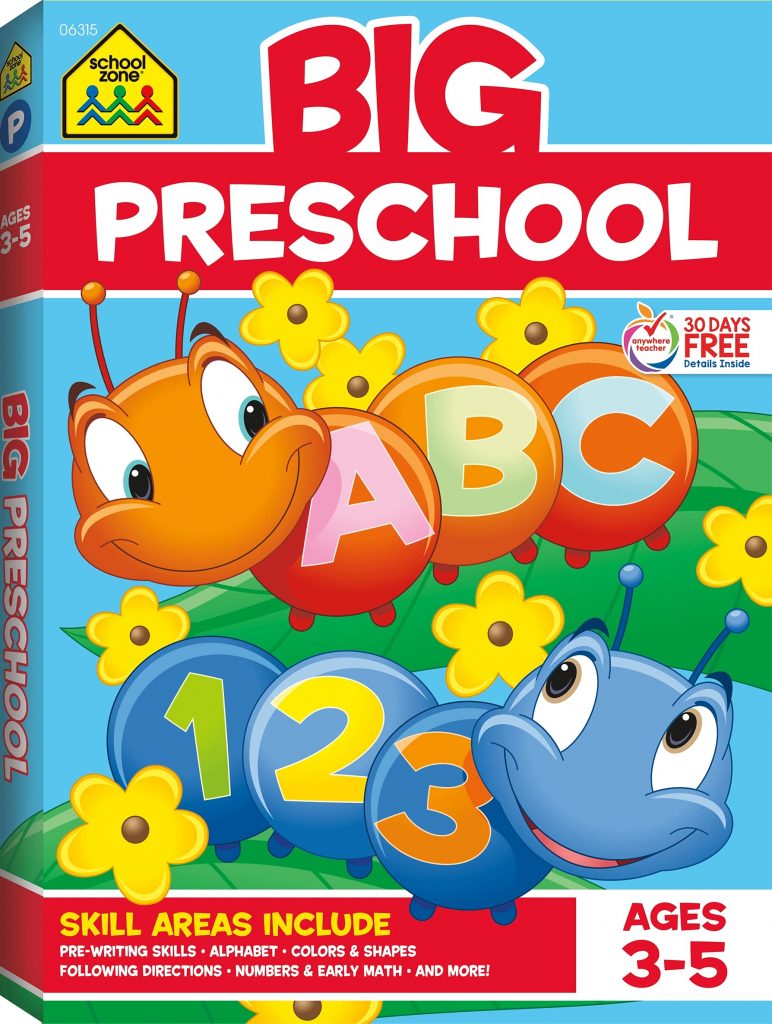 Big Preschool Workbook School Zone logo ABC 123 Skill areas included list - Ages 3-5