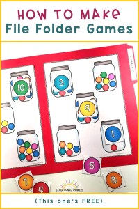 Counting activity with gumballs in jars in a red file folder game with text how to make file folder games