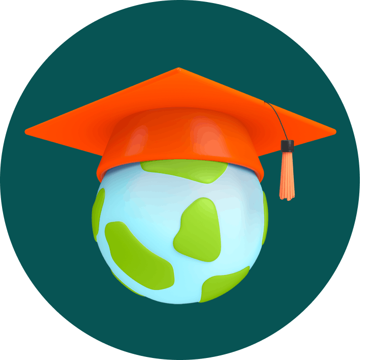 Earth globe with orange grad hat on dark green ellipse background
