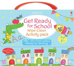 Get Ready for School Wipe Clean Activity Pack box with handle labeled as ABC 123 First Letters and ready for writing with colorful artwork