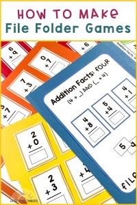 Colorful file folder games with math fact activities with the text how to make file folder games