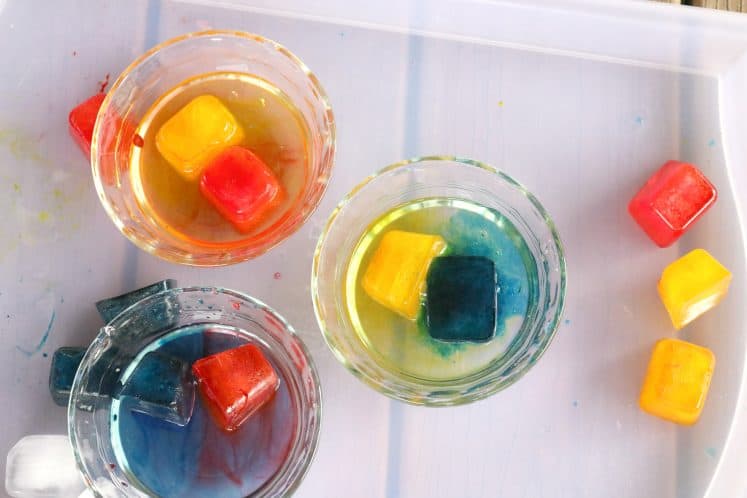 tray containing several clear dishes filled with water each containing two colored ice cubes
