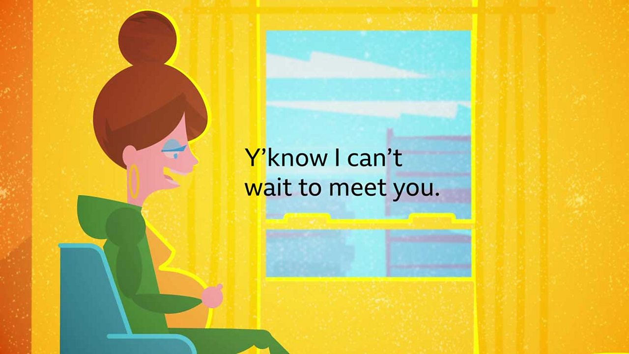 A cartoon image of a pregnant woman talking to her bump saying 'Y'know I can't wait to meet you'.