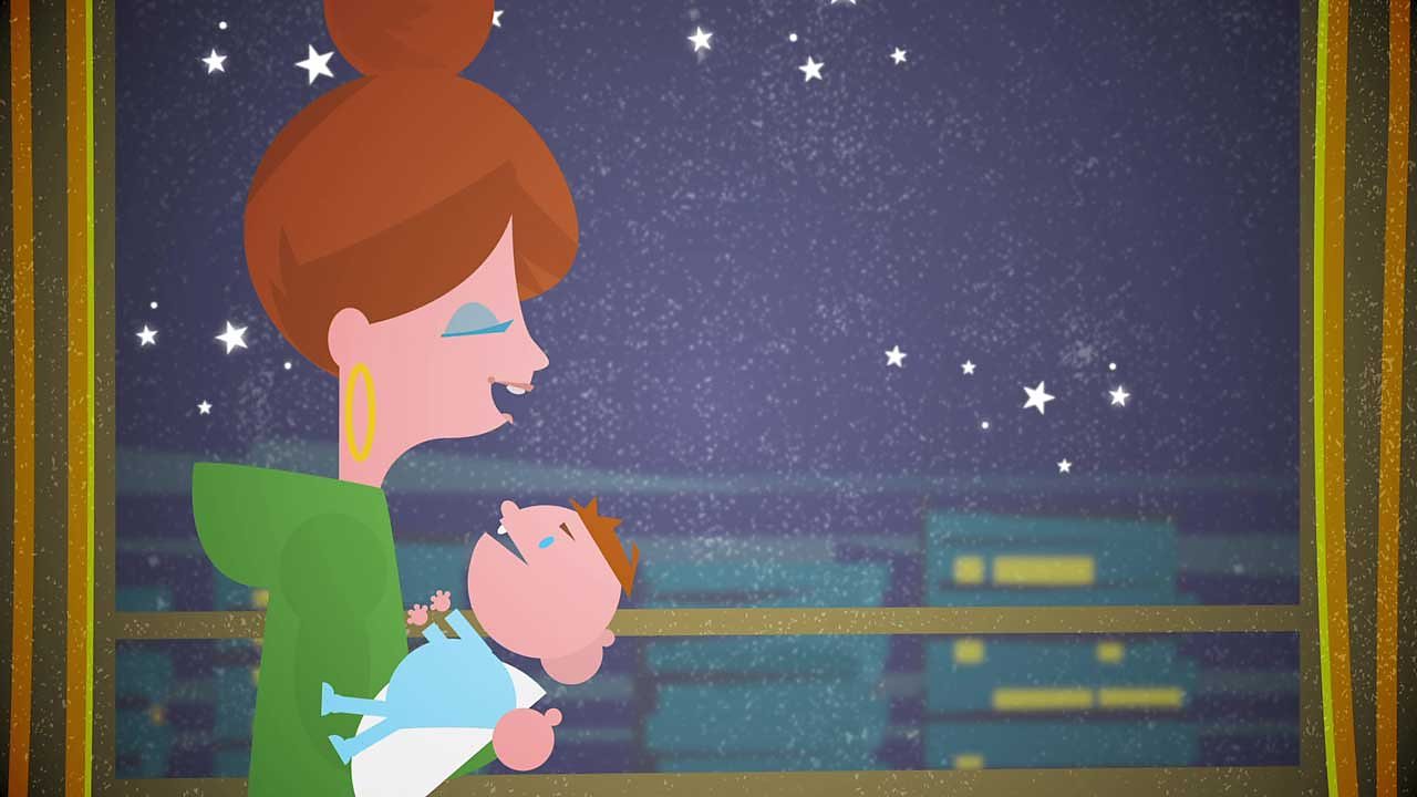 Cartoon of a mum singing to her baby in her arms.