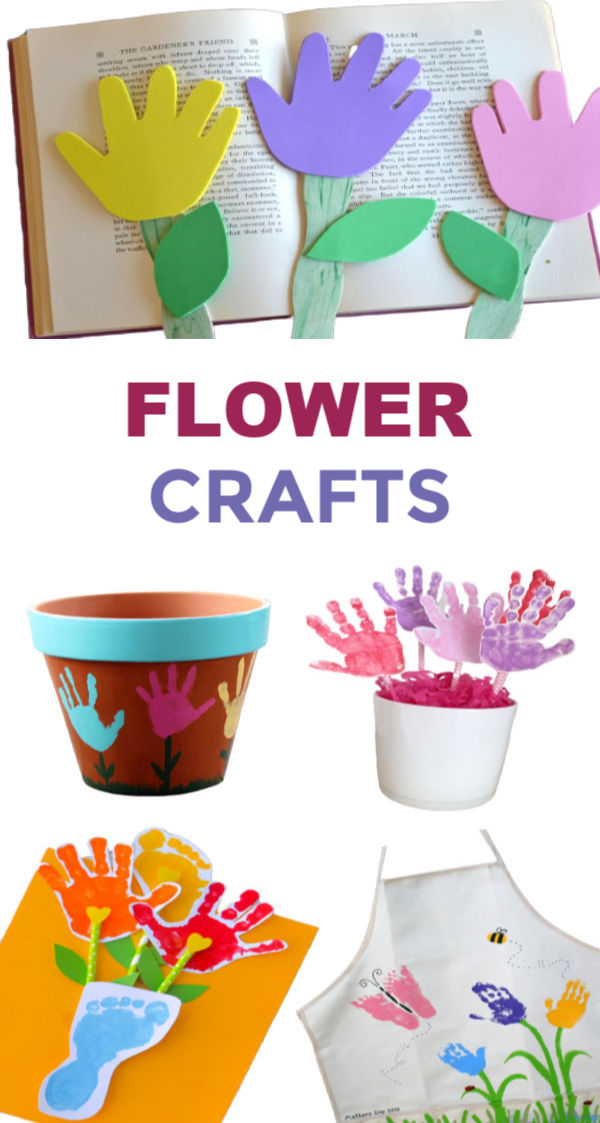 Spring flower crafts for kids to make using their hand-prints. #handprintart #handprintflowers #springcrafts #flowercraftsforkids #springflowers #growingajeweledrose