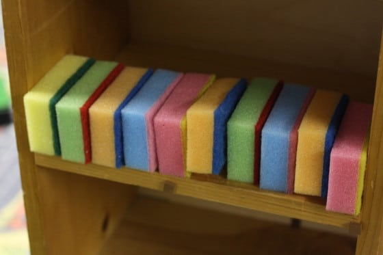 sponges lined up in the dollhouse