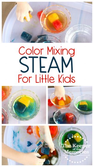 collage of color mixing activities with text: Color Mixing STEAM for Little Kids