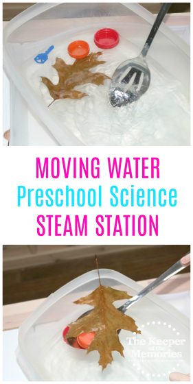 moving water sensory activity with text: Moving Water Preschool Science STEAM Station