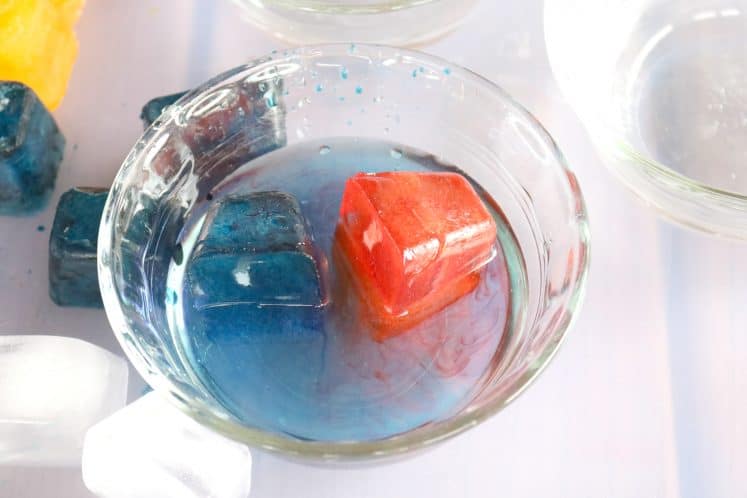 red and blue colored ice cubes in clear dish filled with water