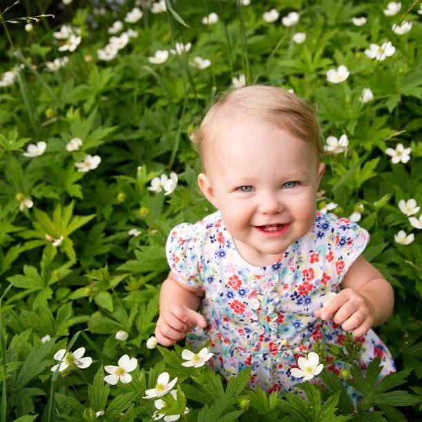 A baby sitting in a field of flowers

Description automatically generated with low confidence